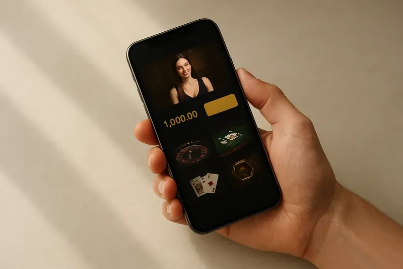 Hand holding smartphone showing dark casino app with live dealer preview