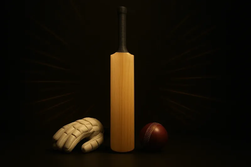 Close-up cricket equipment on dark surface with neon speed lines and holographic interface