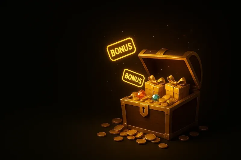 Golden treasure chest bursting with coins, gems, gifts, glowing bonus tags
