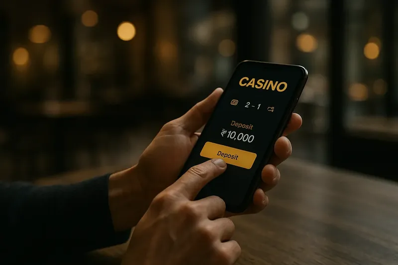 Man typing on smartphone with dark casino app and BDT deposit confirmation