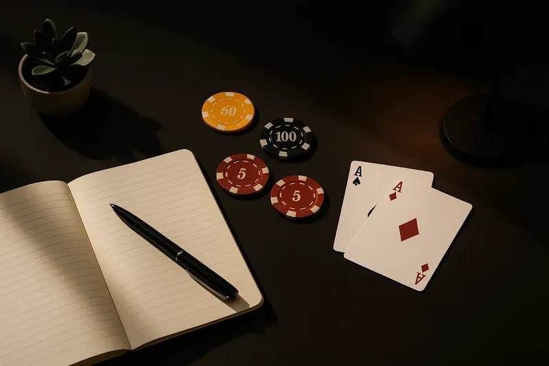 Overhead dark wood desk with notebook, pen, casino chips, cards, plant