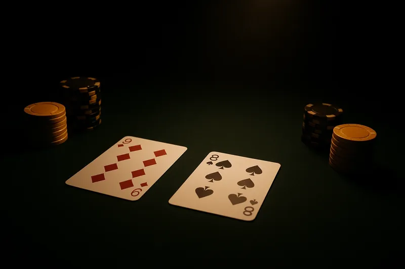 Face-up baccarat hands on green felt with chip stacks under spotlight