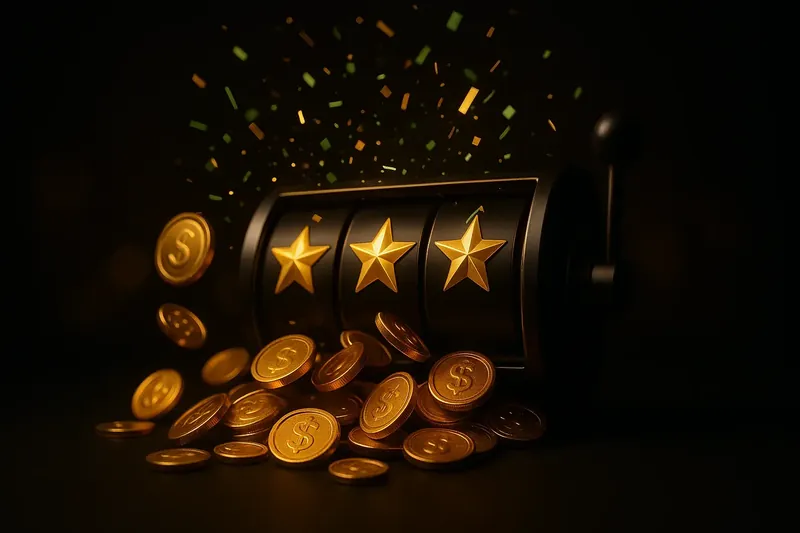Golden coins raining from winning slot screen with stars and confetti